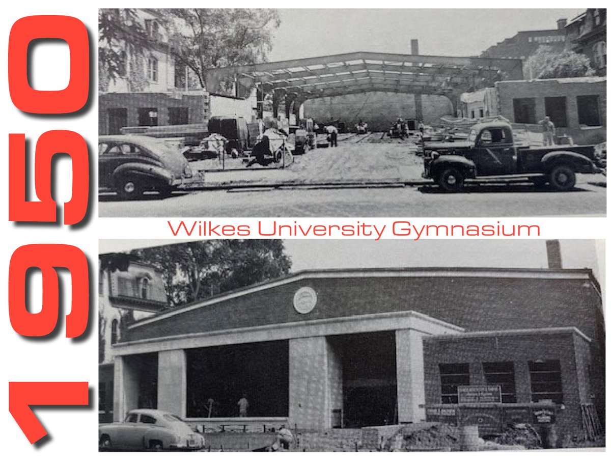 SordoniConst's tweet photo. The top photo was taken on June 7, 1950 and shows the erected steel frame, 125 tons,  for the Wilkes College gymnasium, now known as Wilkes University.  The bottom photo was taken on August 1, 1950.  The gymnasium was completed a month later. #TBT #BuildBySordoni @WilkesU https://t.co/ooJGbag8Bw