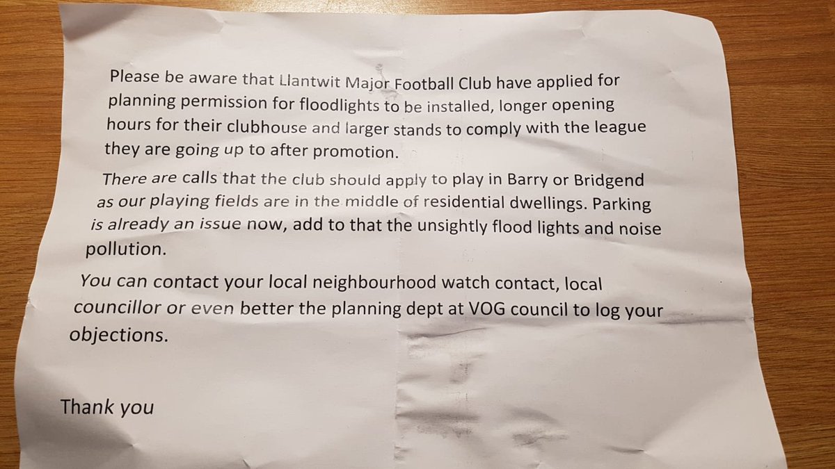 LlantwitMajorFC's tweet photo. Can you imagine being the type of person who wants to sabotage their local football club and force them out of the town? 🤦‍♂️ To the anonymous person who wrote this, we've been around since 1962 and aren't going anywhere 💙💛 https://t.co/RqOKtQPfwu