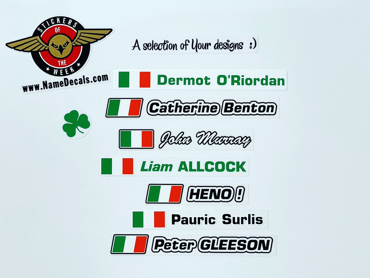 NameDecals's tweet photo. We just started a new feature #stickeroftheweek We’ll be posting up a selection of what you’ve been creating this week on our Decal Designer™ To kick things off, here’s a selection of our Irish customer’s orders. Happy #StPatricksDay #stickers #namestickers #namedecals #nametag https://t.co/bantJXfcf6
