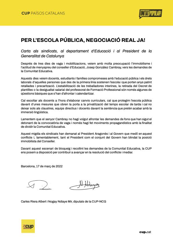 carlesral's tweet photo. Hem enviat aquesta carta al @govern pel seu immobilisme davant la #VagaEducació. Per l’Escola Pública, pels drets de les seves treballadores i treballadors, cal diàleg i negociació. Ens oferim per a la resolució del conflicte. https://t.co/P5Etb8LWOK