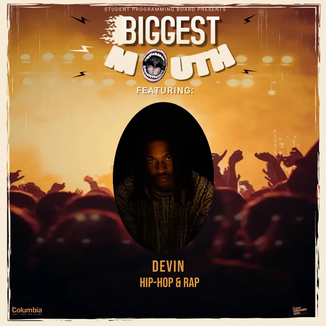 SPBcolumbia's tweet photo. BIGGEST MOUTH 2022 PERFORMERS🤩🎶  
• 
Meet one of our performers Devin. Follow his IG @ 047dev for more content!  
• 
Be sure to join us Thursday, April 7th at 7 pm in the Metro (3730 N. Clark St. Chicago, IL 60613)! 🤩 #spbcolumbia #columbiacollegechicago https://t.co/CyRG331cKy