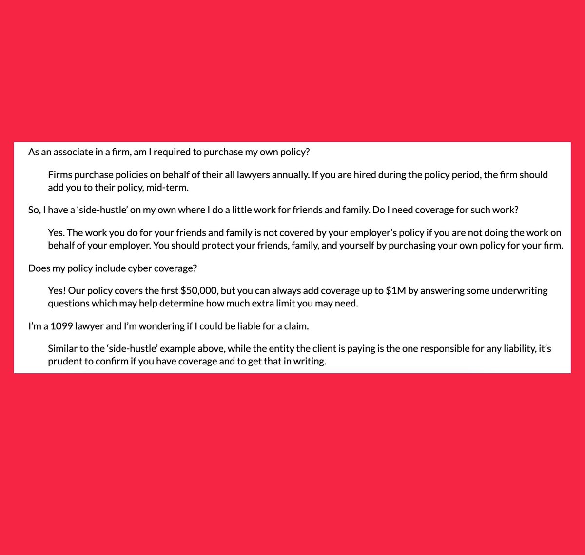 ISBAMutual's tweet photo. We've compiled the questions lawyers ask the most in regards to their professional liability insurance policy. If you have additional questions, give us a call at 312-379-2000. We're always available to answer your questions. https://t.co/fWwiCnUlqu