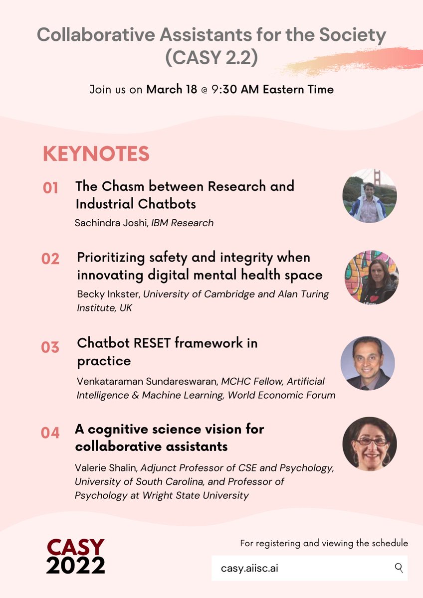 manasgaur90's tweet photo. #JoinTheConversation  #CASY 2.0 @ #AIISC March 18th, 9:30 AM EDT (https://t.co/7f5trqesJ0)
Stellar list of #KeynoteSpeakers &amp; #StudentsInChatbots
#Zoom: https://t.co/43feBF5Hl5
#Meeting ID:85486572697
#Passcode:716076
@biplav_s @amit_p @UtkarshaniJ @VishalPallagani @uofscimpact https://t.co/EVIhSv1lzb
