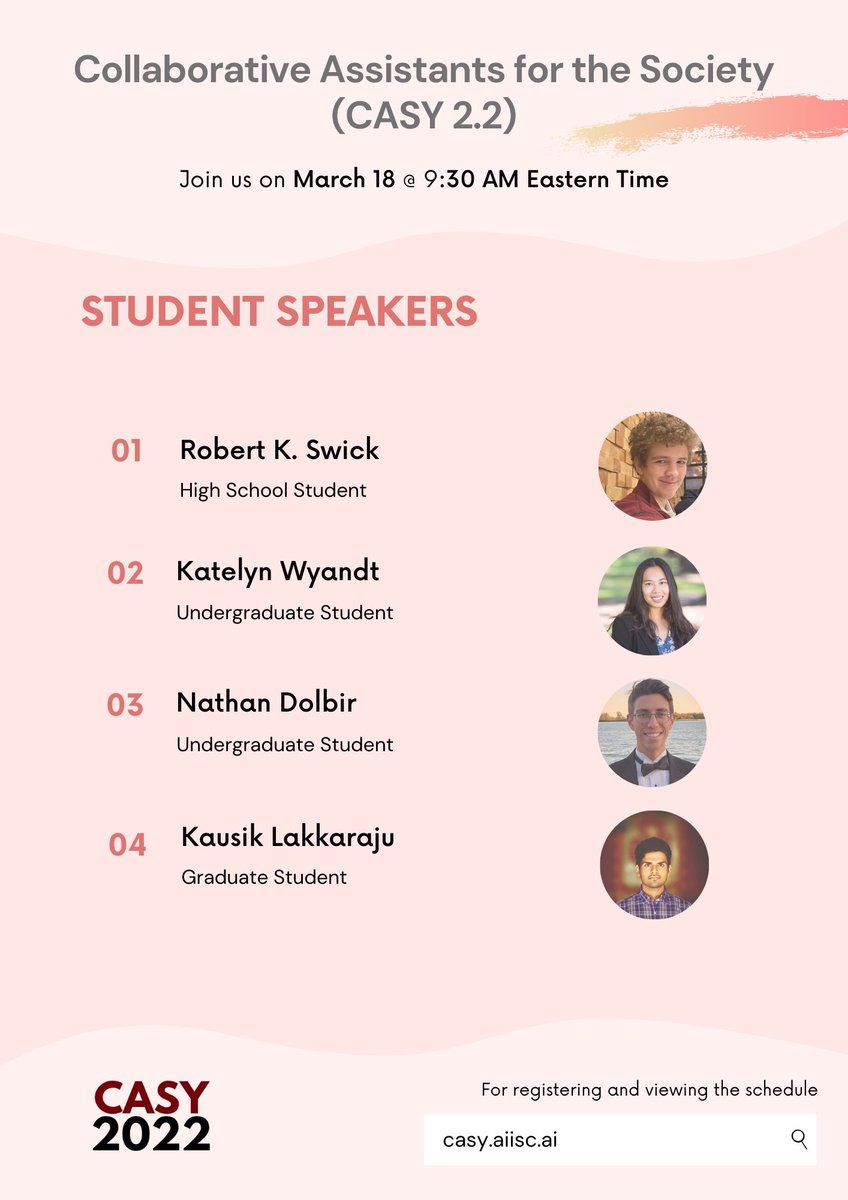 manasgaur90's tweet photo. #JoinTheConversation  #CASY 2.0 @ #AIISC March 18th, 9:30 AM EDT (https://t.co/7f5trqesJ0)
Stellar list of #KeynoteSpeakers &amp; #StudentsInChatbots
#Zoom: https://t.co/43feBF5Hl5
#Meeting ID:85486572697
#Passcode:716076
@biplav_s @amit_p @UtkarshaniJ @VishalPallagani @uofscimpact https://t.co/EVIhSv1lzb