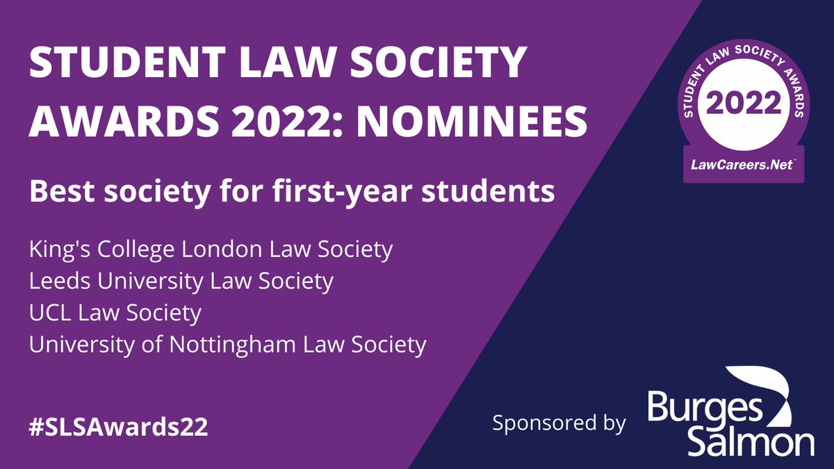 Good luck all! <a href="/kcllawsociety/">KCL Law Society</a> @LeedsLawSoc <a href="/UCLLawSociety/">UCLLawSoc</a> <a href="/UoN_LawSoc/">University of Nottingham Law Society</a> #SLSAwards22