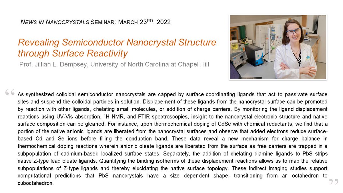 NiNC_Seminar's tweet photo. Join us next Wed, March 23rd, for a talk by Prof. Jillian L. Dempsey (@jillianldempsey) of @UNCResearch on insights into nanocrystal structure through surface chemistry ⚛️

The Zoom will open at 8 AM PST / 11 am EST / 4 pm CET / 8:30 pm IST. Register at https://t.co/Y2WzaT5zQ9. https://t.co/1B7ogQj4ng