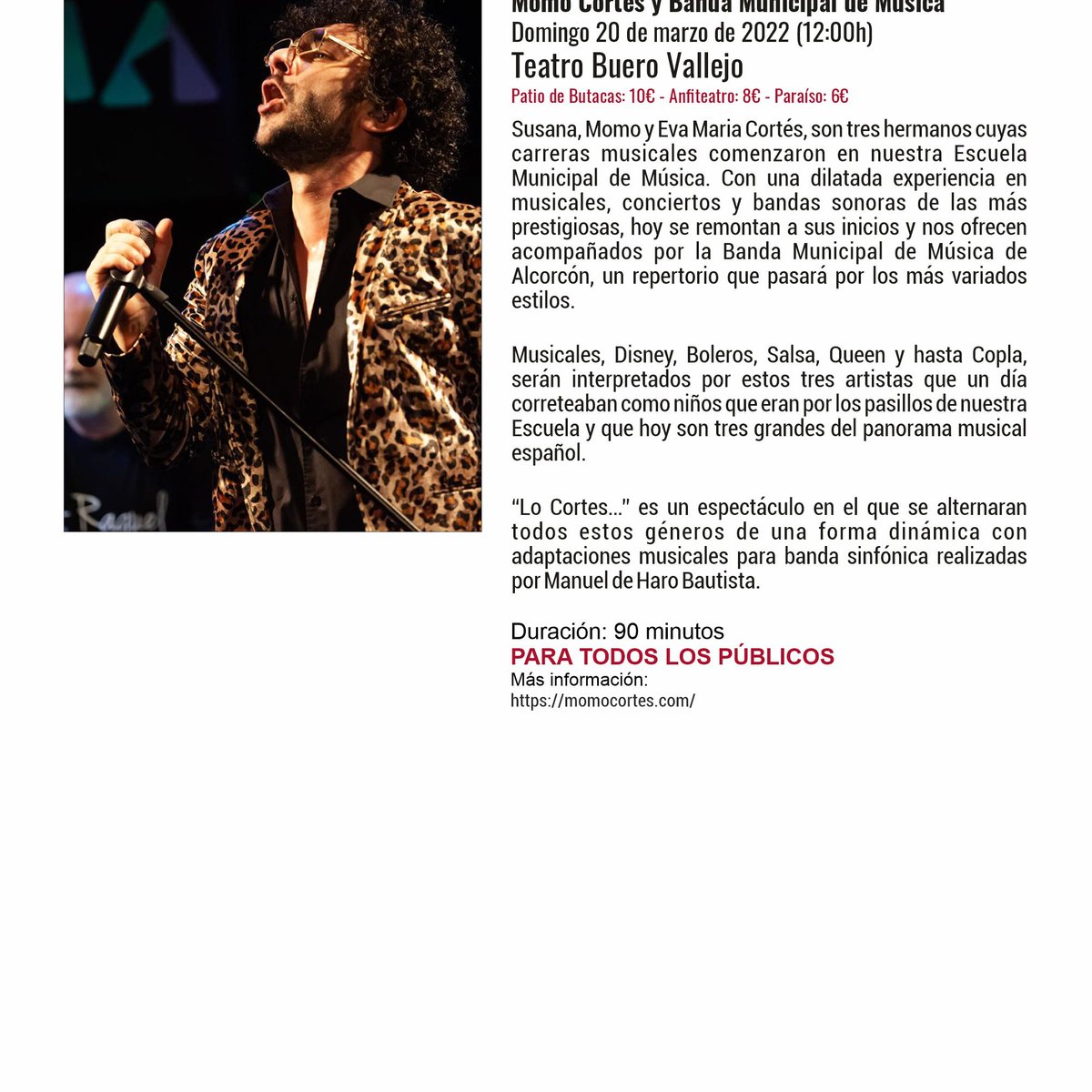 alcorconcultura's tweet photo. DOMINGO 20 MARZO
12h
LO CORTÉS  @momocortes @EvaMariaCortes @sucortes1 y Banda Municipal @emm
19h
Celebración #DiaMundialDeLaPoesia
@Sheila_Blanco_ 
CANTANDO A LAS POETAS DEL 27 Desde 8€. 4 entradas por el precio de 3- Sólo en taquilla
#Alcorcón 
 https://t.co/9BSOtvECLl https://t.co/w5KgrWuiWE