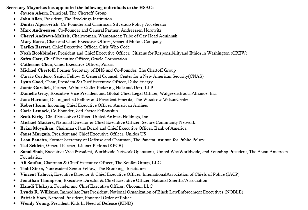 DAlperovitch's tweet image. I am honored to join the @DHSgov Homeland Security Advisory Council and support DHS’s ability to protect our nation. I look forward to working with @SecMayorkas, his impressive leadership team and with the other remarkable #HSAC members announced today
