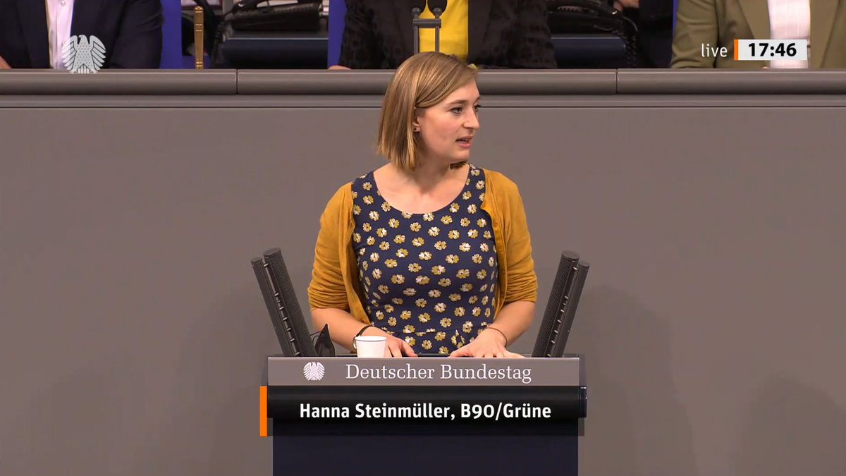 Die Bundestagsabgeordnete Hanna Steinmüller steht am Redepult des Deutschen Bundestags.