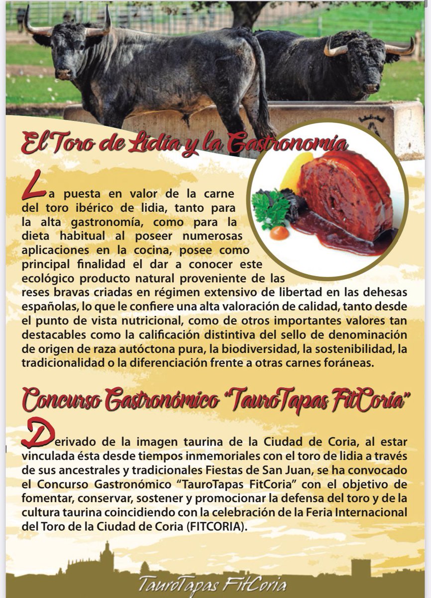 victorinotoros's tweet photo. Os animamos a todos a participar en el II concurso gastronómico de Taurotapas de la FITCORIA.
La carne de toro es especial y tiene unas propiedades extraordinarias, siendo versátil en su cocina y saludable. 
@CoriaTurismo @ftorodelidia @Fedelidia1
#somosloquecomemos https://t.co/r9dHiHatoB