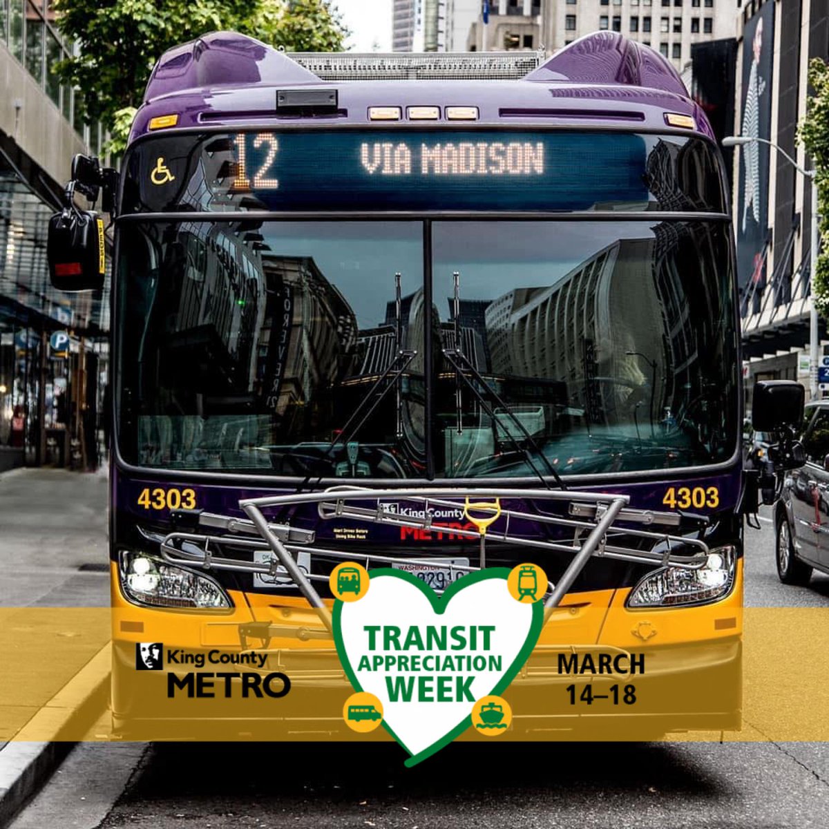 KingCountyMetro's tweet photo. March 18 is Transit Operator Appreciation Day, a fitting end to Transit Appreciation week!
Want to send a thank-you message to your operator?
Note the 4 digit coach number (this is coach 4303), the date & time of the trip, then reach out at https://t.co/e6ZOZbKOZ1. #ThanksMetro https://t.co/LYNOENqdCZ