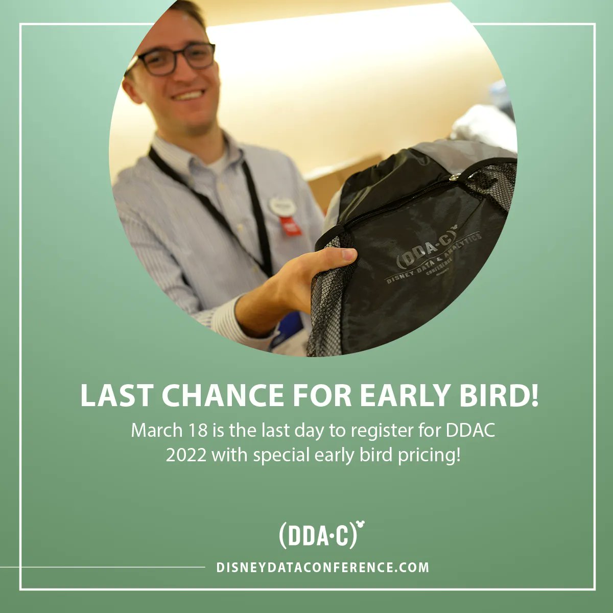 DDAConference's tweet photo. Last call for early bird rates for the 2022 Disney Data &amp; Analytics Conference! Register today before these rates expire on March 18! https://t.co/dDLcVoMfuU

#DDAC2022 #DDAC #DisneyDataAnalytics #DisneyData https://t.co/1hXOqDxlT6