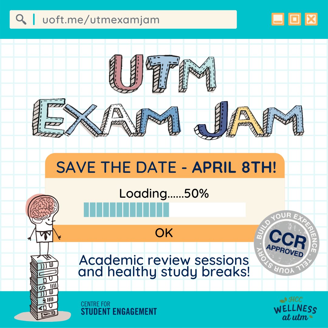 utm_engage's tweet photo. Mark your calendars π, set your reminders β°
#ExamJam is BACK and happening on April 8th! This semester, it will be in-person (with some virtual sessions), filled with #wellness activities and #academic sessions to help guide you through β¨exam seasonβ¨ Link in our bio! https://t.co/0wvyeVAYE9