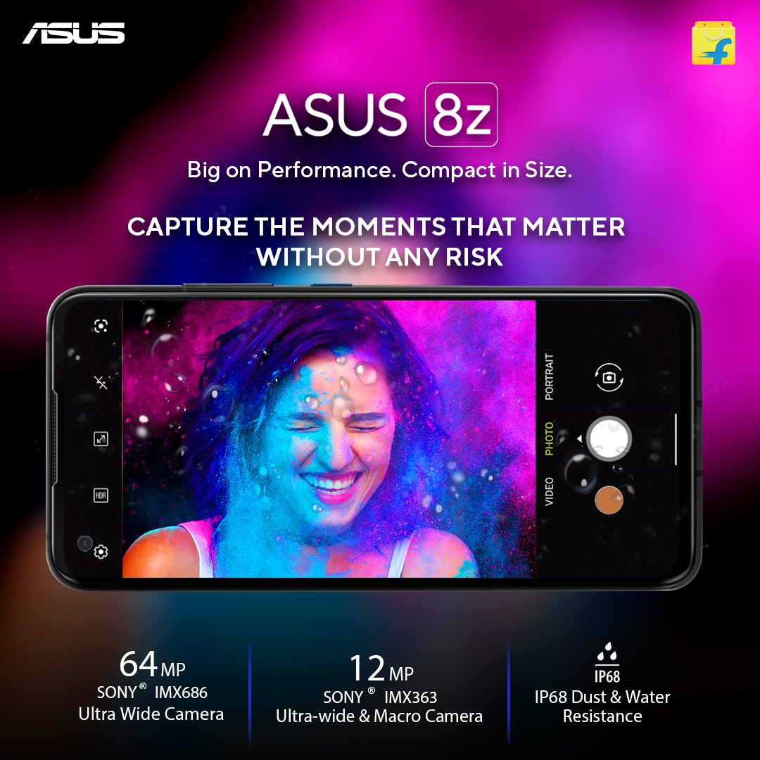 ASUSIndia's tweet photo. This Holi, don’t be afraid to take your phone out! With IP68 Dust &amp; Water resistance &amp; Sony auto-focus sensors, you can capture brilliant colors on #ASUS8z worry-free.
Wishing you a Happy #Holi
Buy this #BigOnPerformanceCompactInSize device on @Flipkart :https://t.co/2ZfqRc7n7l https://t.co/J6SDNsU7ej