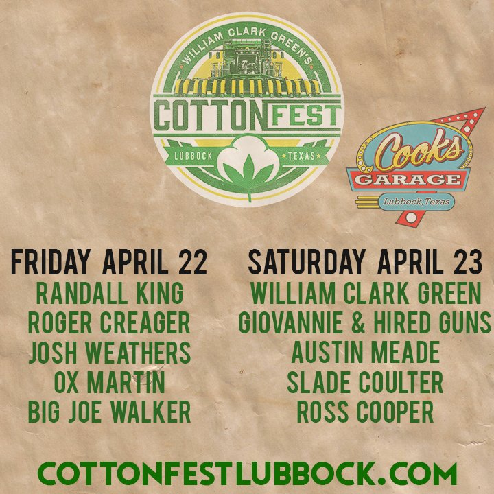 Stoked to be on the big stage out at <a href="/CookGarage/">Cook’s Garage</a> for <a href="/CottonFest/">Cotton Fest Lubbock</a> in April.
You can even camp out and bring your own beer. Just bring me a few too.
cottonfestlubbock.com for tickets.