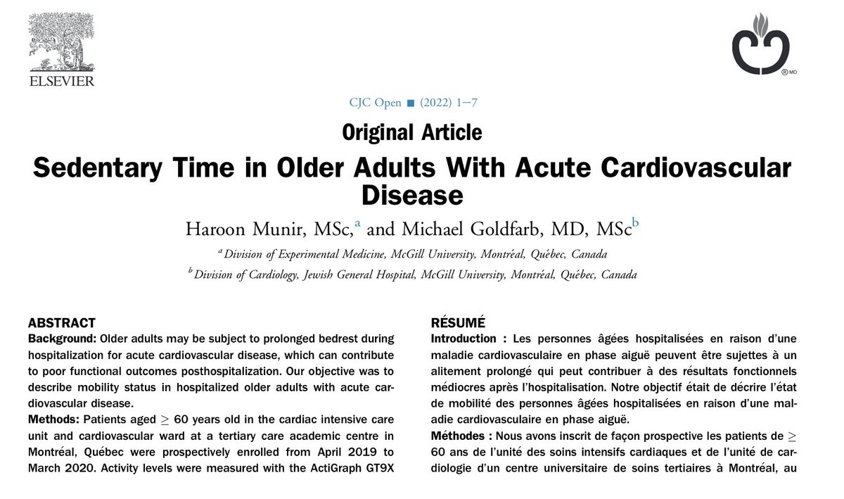 HaroonMunir_'s tweet photo. Honoured to share our latest in @CJCJournals  

We followed a cohort of 35 patients with acute CVD:

1) 91.2% of their CV ward stay was spent lying down or sitting

2)⬆️% of sedentary time was associated with ⬇️1 -month post-hospitalization HRQOL 

https://t.co/ySq0xjG6vK https://t.co/NeUSOiEDXB