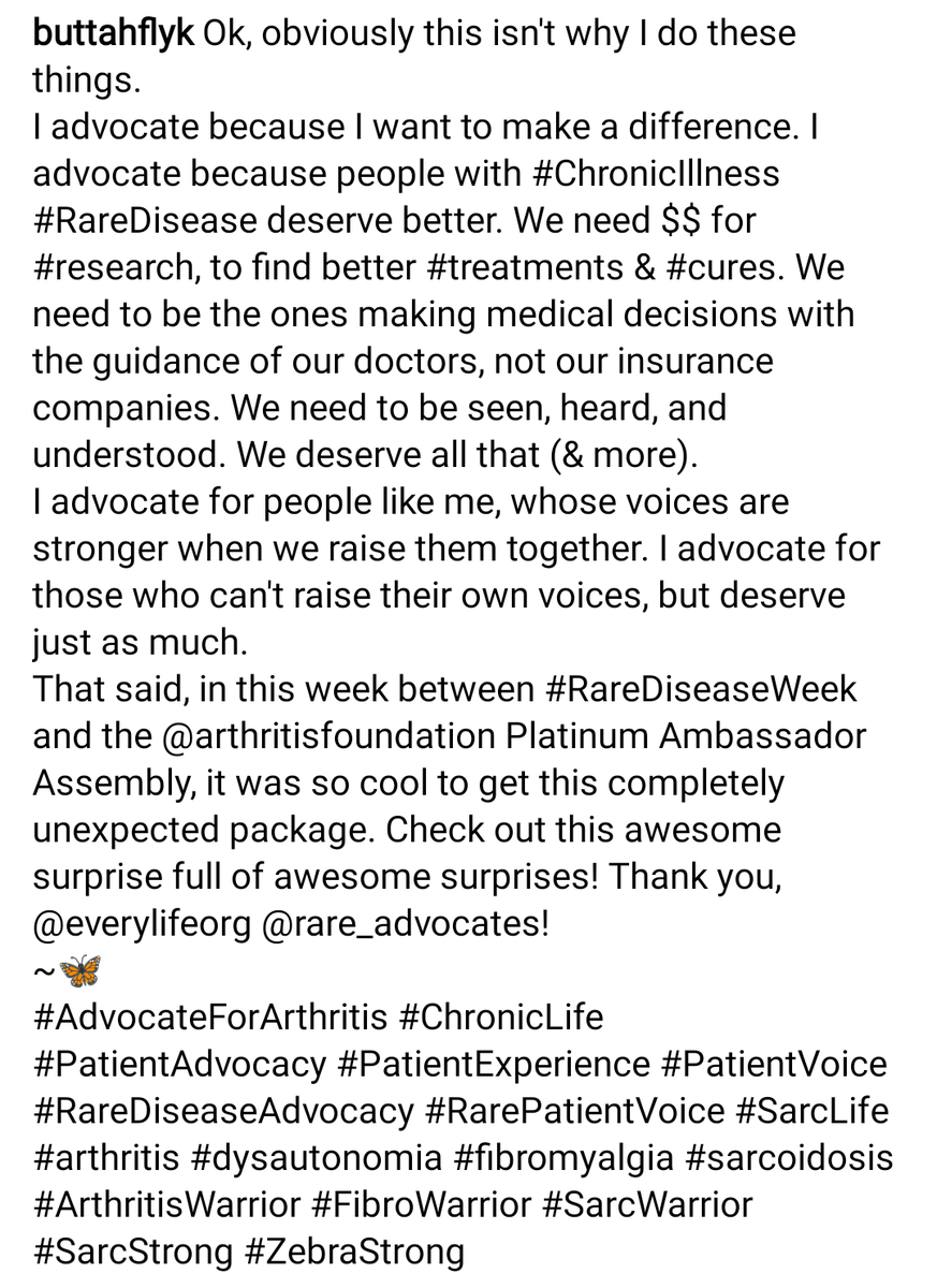 Thank you, @EveryLifeOrg @RareAdvocates!
~🦋
#AdvocateForArthritis #ChronicIllness #InvisibleIllness #PatientAdvocacy #RareDisease #RareDiseaseAdvocacy #RarePatientVoice #arthritis #fibromyalgia #sarcoidosis #ArthritisWarrior #FibroWarrior #SarcWarrior #SarcStrong #ZebraStrong