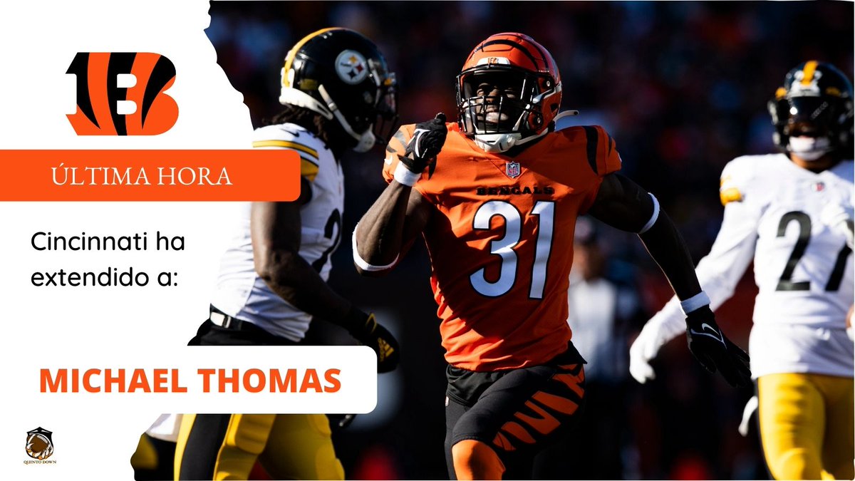 ElQuintoDown's tweet photo. Los tocayos se quedan en Cincinnati. Los #Bengals han extendido el contrato del WR Michael Thomas y del CB Michael Thomas (no confundir con el WR Michael Thomas de los #Saints, ese no ha jugado un Super Bowl🥵🥵). Sí, hoy amanecimos bravos. https://t.co/q5pSpTXHNg