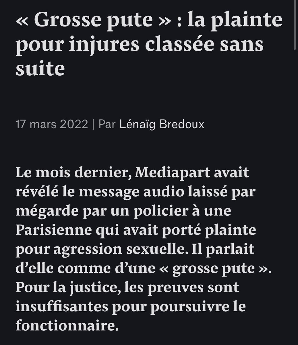 Vertige__'s tweet photo. Vous vous souvenez du policier qui avait laissé par mégarde un message sur le répondeur d’une victime d’agression sexuelle en la traitant a multiple reprise de grosse pute ? 

@Mediapart nous apprend que la plainte a été classée sans suite. 🤡 https://t.co/yAlP6Yric3