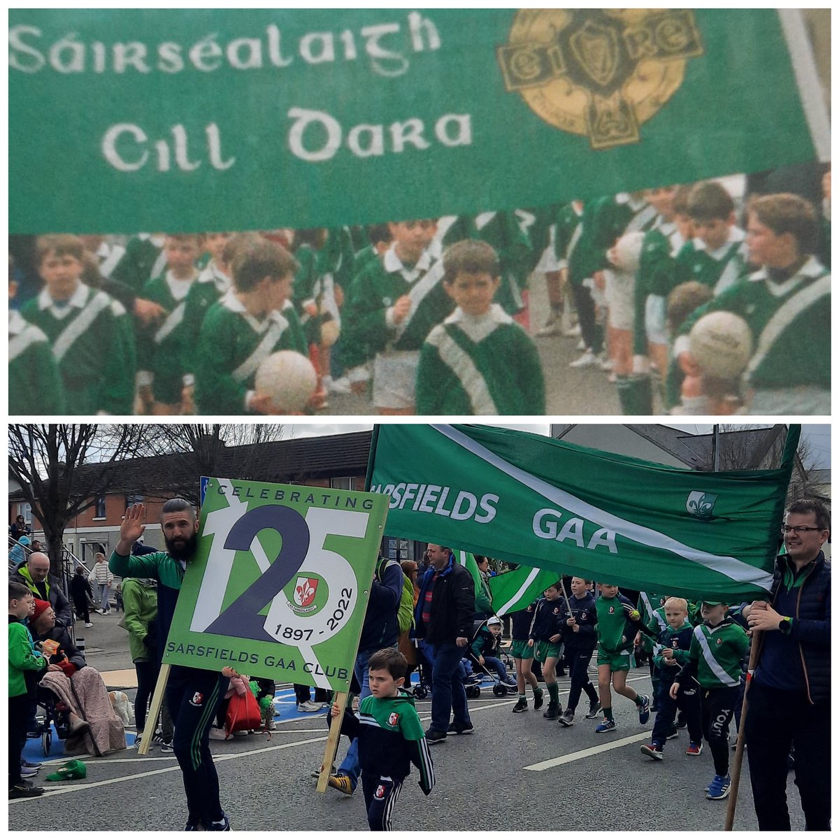 SashGAA's tweet photo. Sarsfields Senior Footballer Paddy O' Sullivan leading the parade in 1990.
32 years on Paddy and his Son Seán carried the 125 years banner for the club today. 💚🇮🇪☘ 
#sarsfieldsgaa #clubisfamily #125yearsofsarsfields https://t.co/PYL9MT1xsy