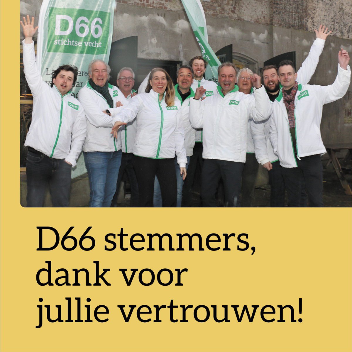 Ruim 3.500 mensen in de gemeente <a href="/StichtseVecht/">Gemeente Stichtse Vecht</a> gaven bij de #gemeenteraadsverkiezingen van de afgelopen dagen hun stem aan #D66!Bedankt, kiezers, voor dit fantastische resultaat!! Met ons nieuwe team gaan we vol optimisme en energie aan de slag voor een beter Stichtse Vecht!