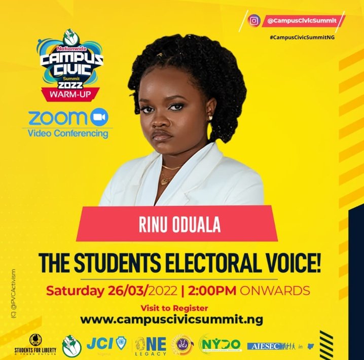 Panelist: <a href="/SavvyRinu/">Rinu Oduala 🔥🔫</a> is the project director of HuBNGR, a Human Rights advocate, community organizer, and influencer focused primarily on issues of equity, justice, humanity, and community advancement.
___ 
Reg. your participation at campuscivicsummit.ng 
#CampusCivicSummitNG