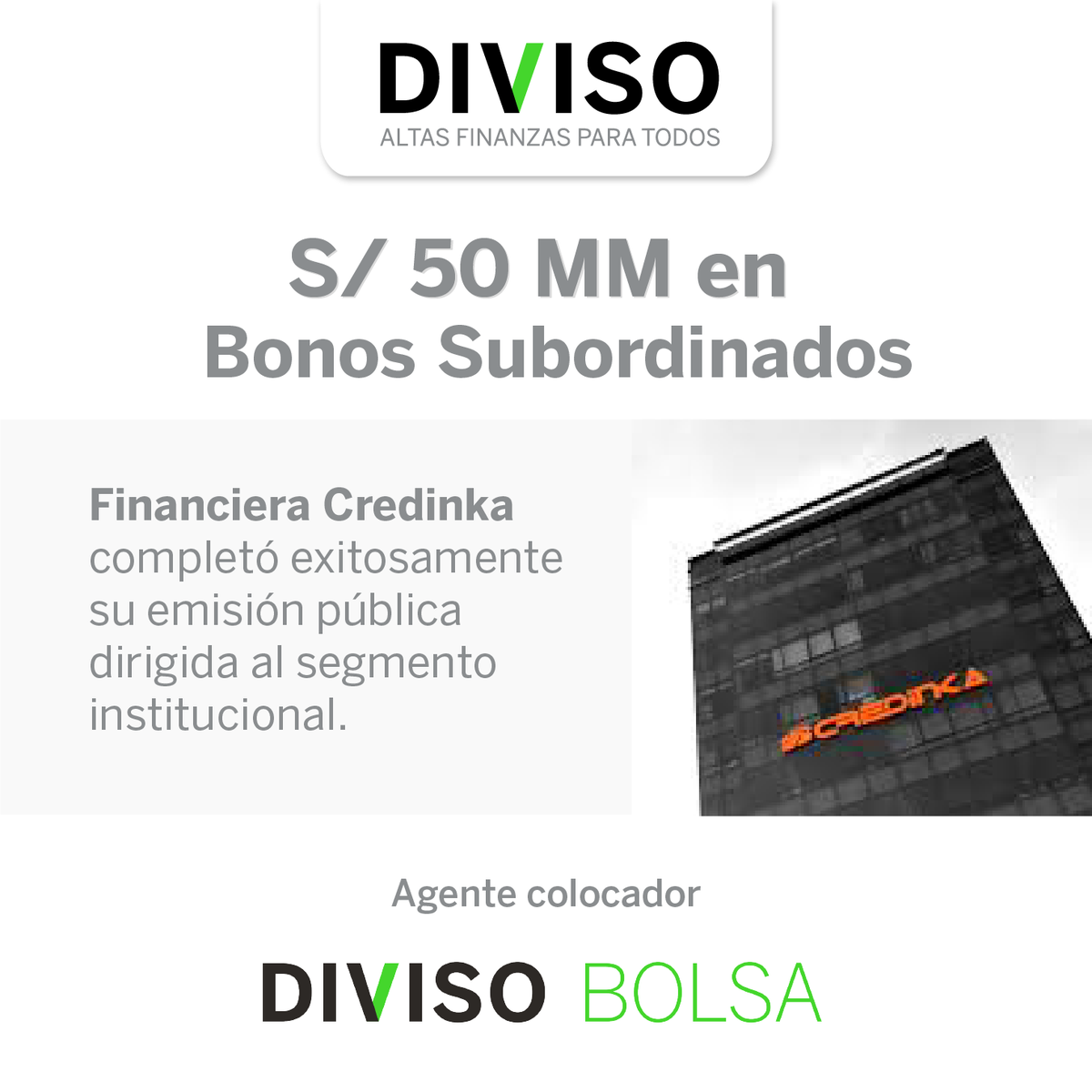 divisope's tweet photo. Felicitamos a Credinka y Diviso Bolsa, quienes de manera conjunta han logrado la exitosa emisión de Bonos Subordinados de Financiera Credinka.

Diviso, Altas Finanzas para Todos.

#FinancieraCredinka #bonossubordinados #DivisoBolsa https://t.co/UtpQSlkHpR