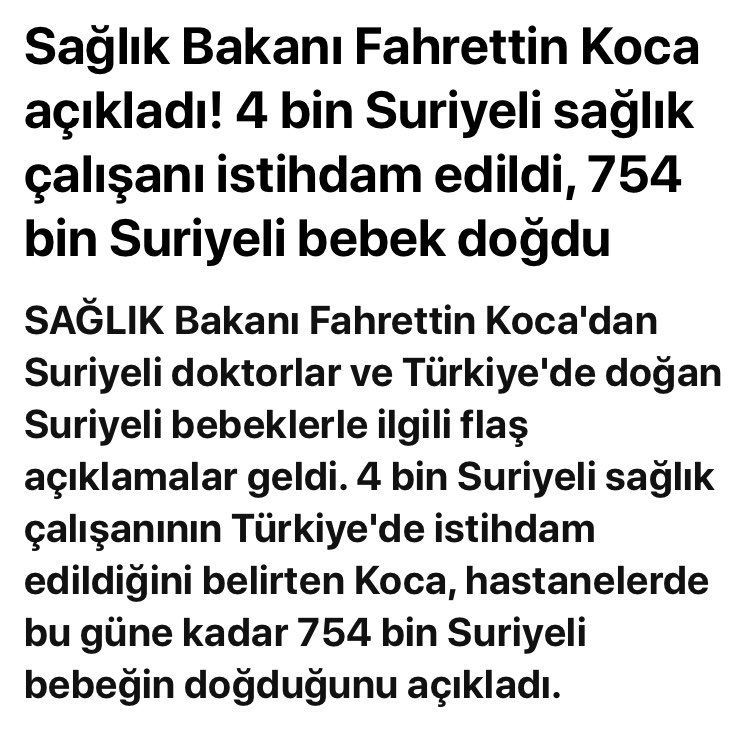 #FahrettinKoca açıklamasına göre
3,6 milyon kayıtlı Suriyeli sığınmacıdan,
Herbiri 27 kez ayakta,
100 Suriyeliden 94’ü yatarak tedavi hizmeti alırken,
100 Suriyeliden 72’si ameliyat olmuş.
4 bin Suriyeli sağlıkçı istihdam edilmiş ve 754bin kayıtlı bebek doğmuş.
#AKPolmasaydı