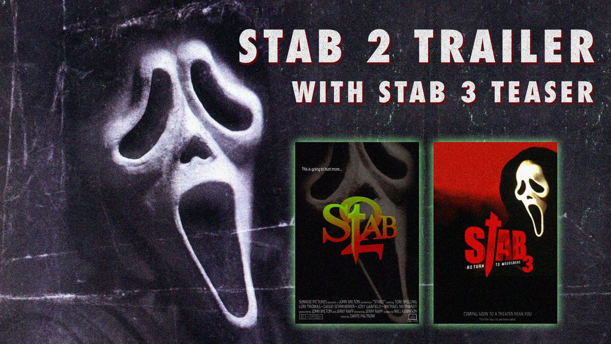 thescreamvault's tweet photo. Back in time, waiting for #Scream3 to be released we lived in a world where we had the trailer for #Stab2 and the official title preview of #Stab3 from the fictional Sunrise Studios that lives on in #ScreamMovie.

https://t.co/fkP7fHpE7A

#Stab #Scream #Scream6 #Ghostface #Scary https://t.co/whZoQQdxOK