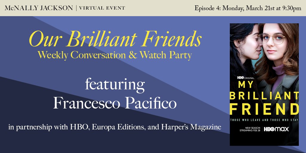 Monday! Join us for the 4th session of #OurBrilliantFriends w/ HBO, @EuropaEditions @Harpers and the brilliant Italian novelist @fzpacifico. We'll be talking aesthetics of class, the Italian Communist party, and the artistic bourgeoisie. crowdcast.io/e/mryronhu/4