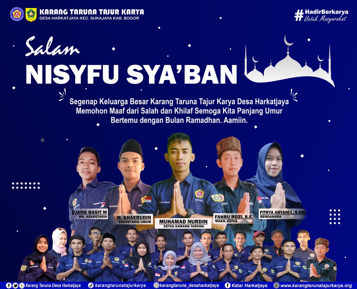 Salam Nisfu Sya'ban😇🙏
Segenap keluarga besar Karang Taruna Tajur Karya Desa Harkatjaya Kec. Sukajaya Kab. Bogor - Jawa Barat memohon maaf dari salah dan khilaf semoga kita panjang umur bertemu bulan ramadhan. Aamiin🤲🙏
#nisasabyan
#HadirBerkaryaUntukMasyarakat