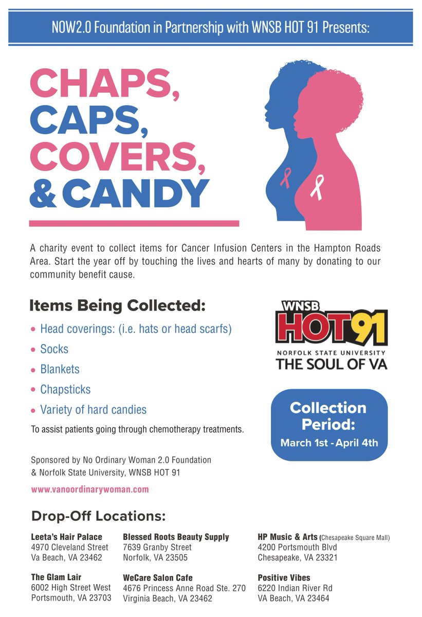 Hot91Online's tweet photo. WNSB is a proud media partner for Chaps, Caps, Covers, &amp; Candy 💕 

Today thru April 4th, we are partnering with the Now 2.0 Foundation to collect some much needed supplies for patients undergoing chemo treatment. Check out drop off locations below ⤵️ ⤵️ #wnsb #hot91online https://t.co/OZpQwDlxuv