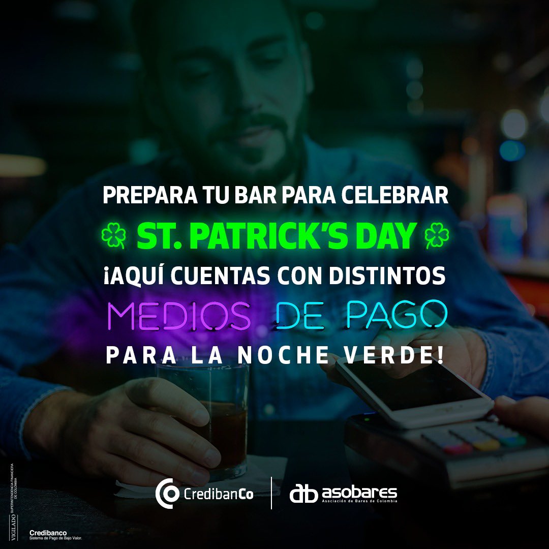 Asobares's tweet photo. Hoy 17 de marzo se celebra el día de San Patricio que no le falte suerte a tu bar ni soluciones de pago 🍀

#asobares #asobarescolombia #aliadosasobares #diasanpatricio https://t.co/6bU75jukxz