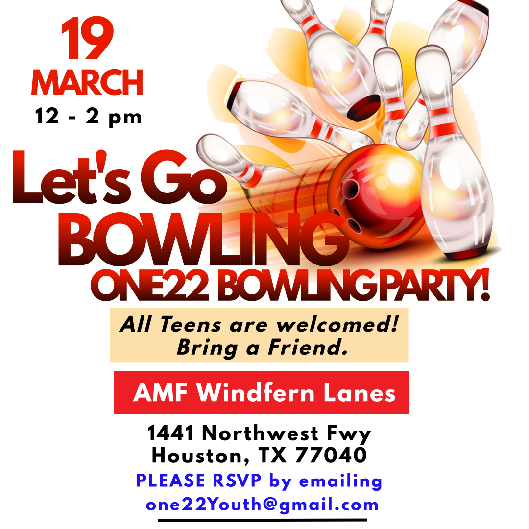 firstmetteens's tweet photo. One22 Teens Bowling Party!
Saturday, March 19th 12pm to 2pm
AMF Windfern Lanes
14441 Northwest Fwy, Houston, TX 77040
All Teens are welcome! Bring a friend.
PLEASE RSVP by emailing one22Youth@gmail.com https://t.co/Ldv0MKaf4f
