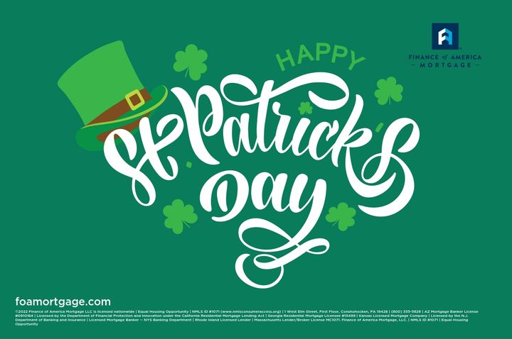 FOAMortgage_WA's tweet photo. Feeling lucky today? Be sure to don the green, avoid getting pinched, and celebrate safely. From all of us at Finance of America Mortgage, sláinte.

#StPatricksDay https://t.co/Cy39V0vcah