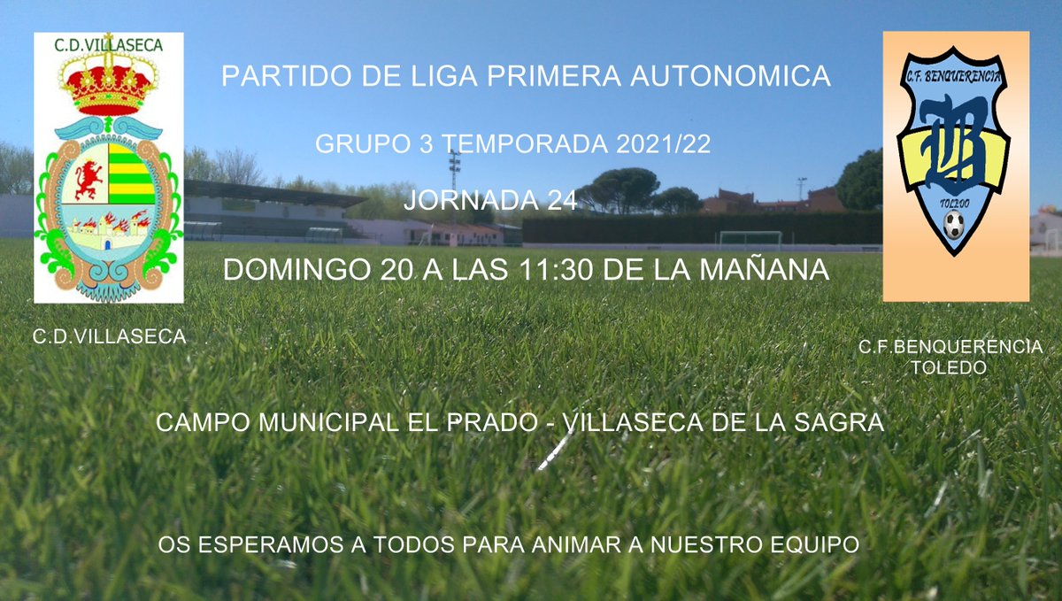 VUELVE EL FÚTBOL A VILLASECA.
Este domingo a las 11:30 nos enfrentamos al Benquerencia rival correoso que esta luchado por la permanencia en la categoría.
!! Vamos Villaseca.¡¡