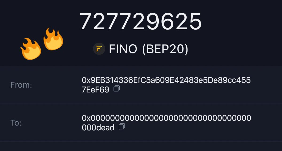 🔥🔥🔥🔥🔥🔥🔥🔥 🔥🔥🔥
🔥727,729,625 $FINO Burned🔥
🔥🔥🔥🔥🔥🔥🔥🔥 🔥🔥🔥

Tx Hash: 0xe419298e4ed52878c8142e242b1f5235be65feef3367298a455ef86aafcab383

Boooooooooooooooooooooom💥 All the tokens burned from the Burn Wallet. Now Null Address holding the Maximum Tokens.