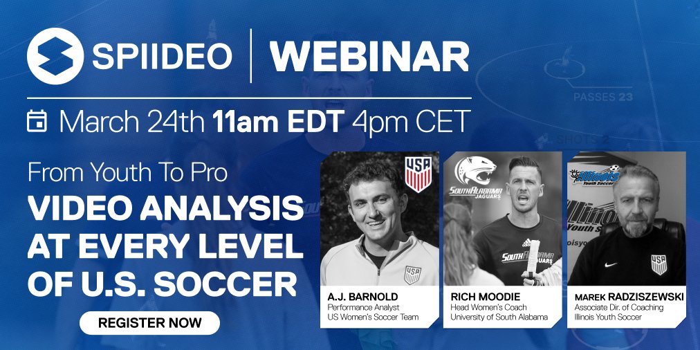 spiideo's tweet photo. Want to know how video analysis is used at different levels of US Soccer? 

Hear our guest speakers:
@ajbarnold Performance Analyst,@USWNT

Rich Moodie, Head Women’s Soccer Coach,@UofSouthAlabama 

@mradzik71 Ass.Director of Coaching, @ILYOUTHSOCCER 

Join:https://t.co/6CatLVLSDx https://t.co/jeXj6BKNhB