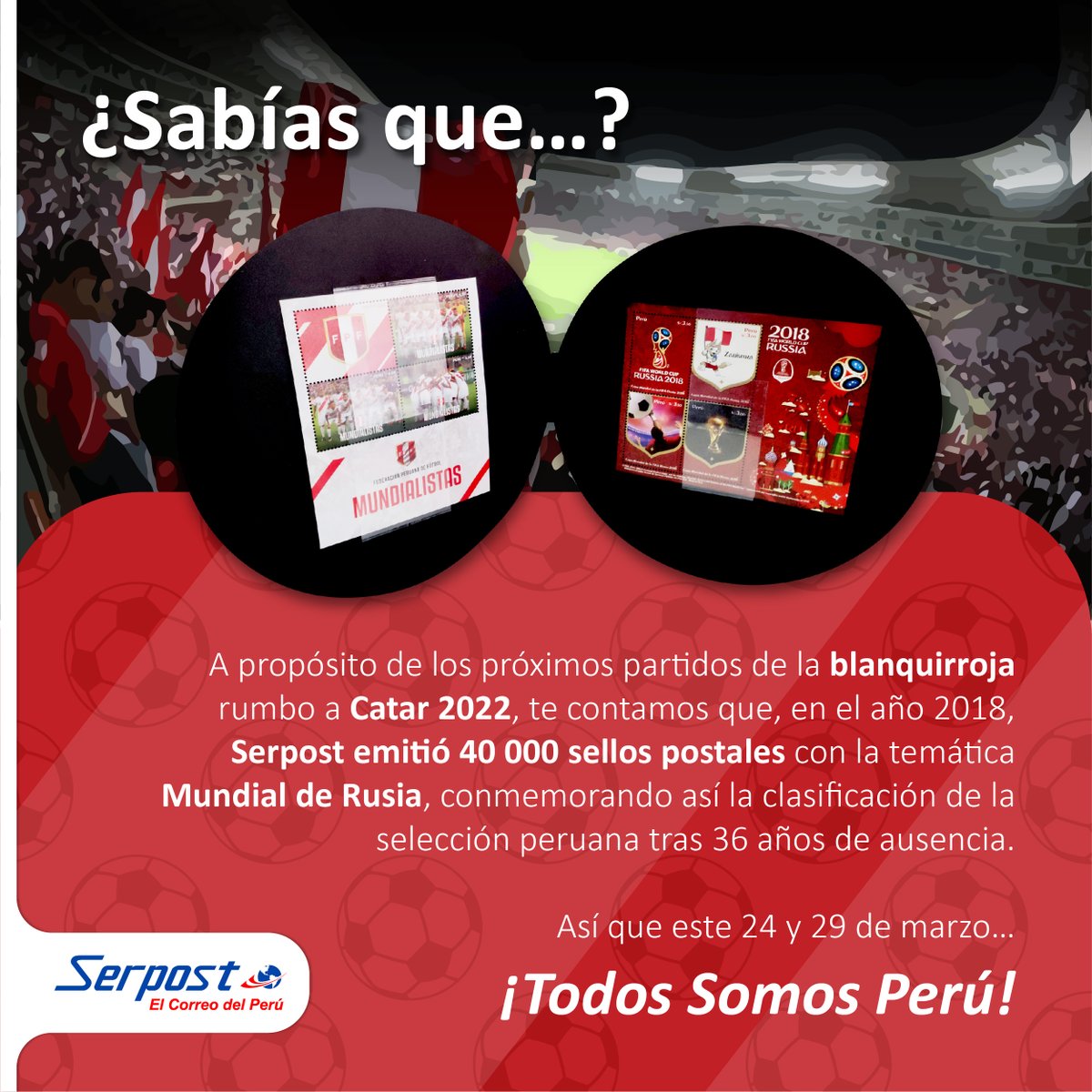 SerpostPe's tweet photo. En conmemoración a nuestra clasificación al #MundialRusia2018, ese año, emitimos estampillas con las temáticas “Copa mundial Rusia 2018” y “Perú en la Copa Mundial Rusia 2018”. 
Este 24 y 29, volveremos a dejar todo en la cancha.
🇵🇪¡Vamos Perú! 🇵🇪

Somos #SerpostElCorreoDelPerú https://t.co/y1nOApyulY