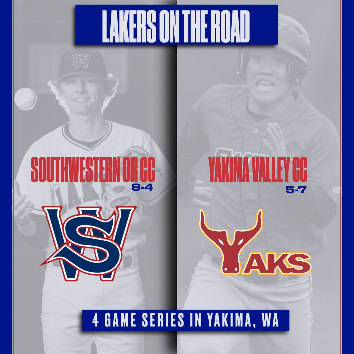SwoccBaseball's tweet photo. Lakers hit the road tomorrow to Yakima Washington to face the Yaks of Yakima Valley College in a 4 game series. Game Times are 2 p.m. and 5 p.m. on Saturday. Followed by a double header on Sunday at 11 a.m. and 2 p.m. #SWOCCBASEBALL https://t.co/ZZ1StpFRs0