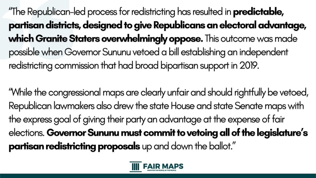 fair_nh's tweet photo. While the Congressional maps should rightfully be vetoed, @GovChrisSununu must commit to vetoing all of the legislature's partisan redistricting proposals.

Our full statement here:
#NHPolitics #FairMaps https://t.co/vr5JiRAKGm