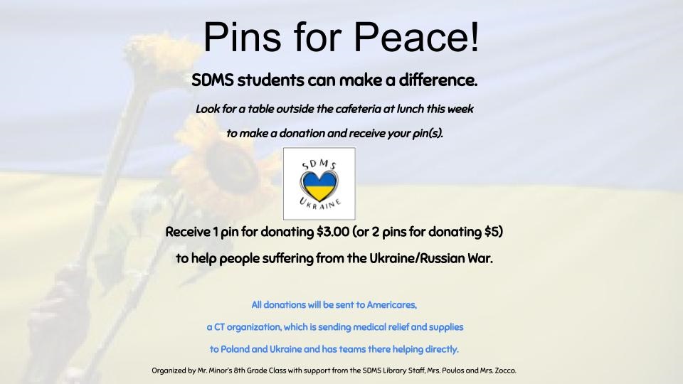 sdmslibrary's tweet photo. Mr. Minor's 8th grade Ss researched #UkraineRussiaWar &amp; created #pins for #peace with the library's button maker. At lunch: Donate $3 for a pin; Donate $5 for two! Donations will be sent to #americares #sdmscares #wps06109 @whslmc411 @ctcasl @wethersfieldk12 @BlueEagleTV https://t.co/bh4AQkqAEN