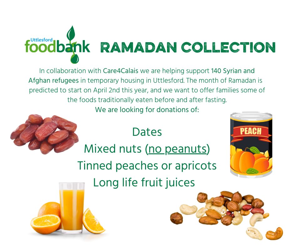 Uttlesfordfb's tweet photo. Can you help? We're working with @Care4Calais to support 140 Syrian and Afghan refugees in #Uttlesford. We would love to offer some of the foods traditionally eaten during #Ramadan. 
Can you donate any of these items by Monday 28th March?
Thank you for your support! https://t.co/F3cyT096Rz