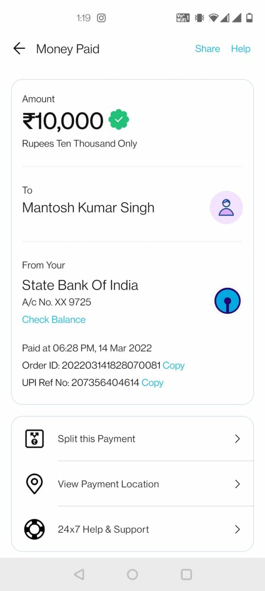 nihalgupta012's tweet photo. Sir,
Maine 14.03.2022 ko ek UPI transfer Kiya 10000
 bank account no-6254336540
IFSC code -IDIB000L004
Name-MANTOSH SINGH
Ye paisa is phone no pe automatically gaya 9907148667
Aur ye mobile is party ka nai.
Nahi wo bank pe add hai 

@Paytm
@Paytmcare
@UPI_NPCI
@vijayshekhar https://t.co/eMLVzgdwsG