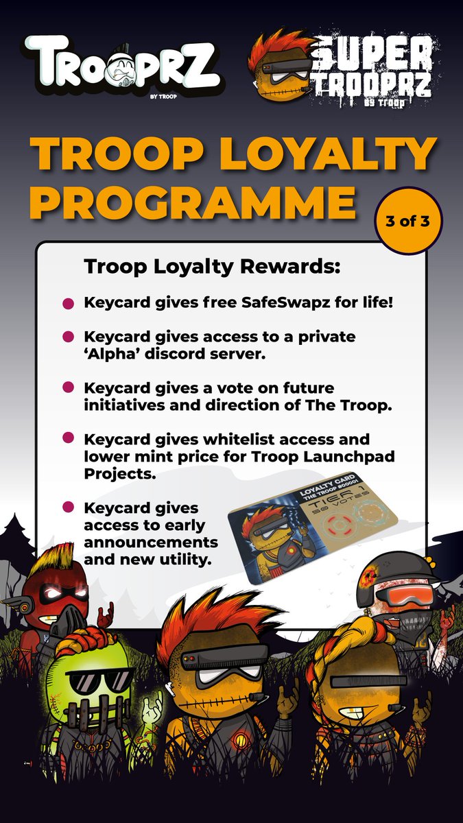 🔫🔥 Troop Loyalty Program 🔥🔫

- 30% Revenue share on all Troop ventures!
- Free <a href="/CronosSafeSwapz/">SafeSwapz</a> forever!
- Amazing personal NFT Keycard
- Access to 'Alpha' Discord
- Access to announcements and new utility

Grab those Trooprz while you can..

app.ebisusbay.com/collection/tro…

#crofam