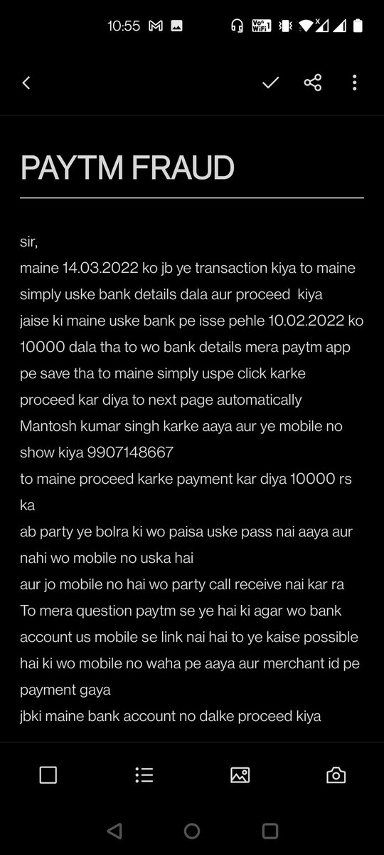 nihalgupta012's tweet photo. Sir,
Maine 14.03.2022 ko ek UPI transfer Kiya 10000
 bank account no-6254336540
IFSC code -IDIB000L004
Name-MANTOSH SINGH
Ye paisa is phone no pe automatically gaya 9907148667
Aur ye mobile is party ka nai.
Nahi wo bank pe add hai 

@Paytm
@Paytmcare
@UPI_NPCI
@vijayshekhar https://t.co/eMLVzgdwsG