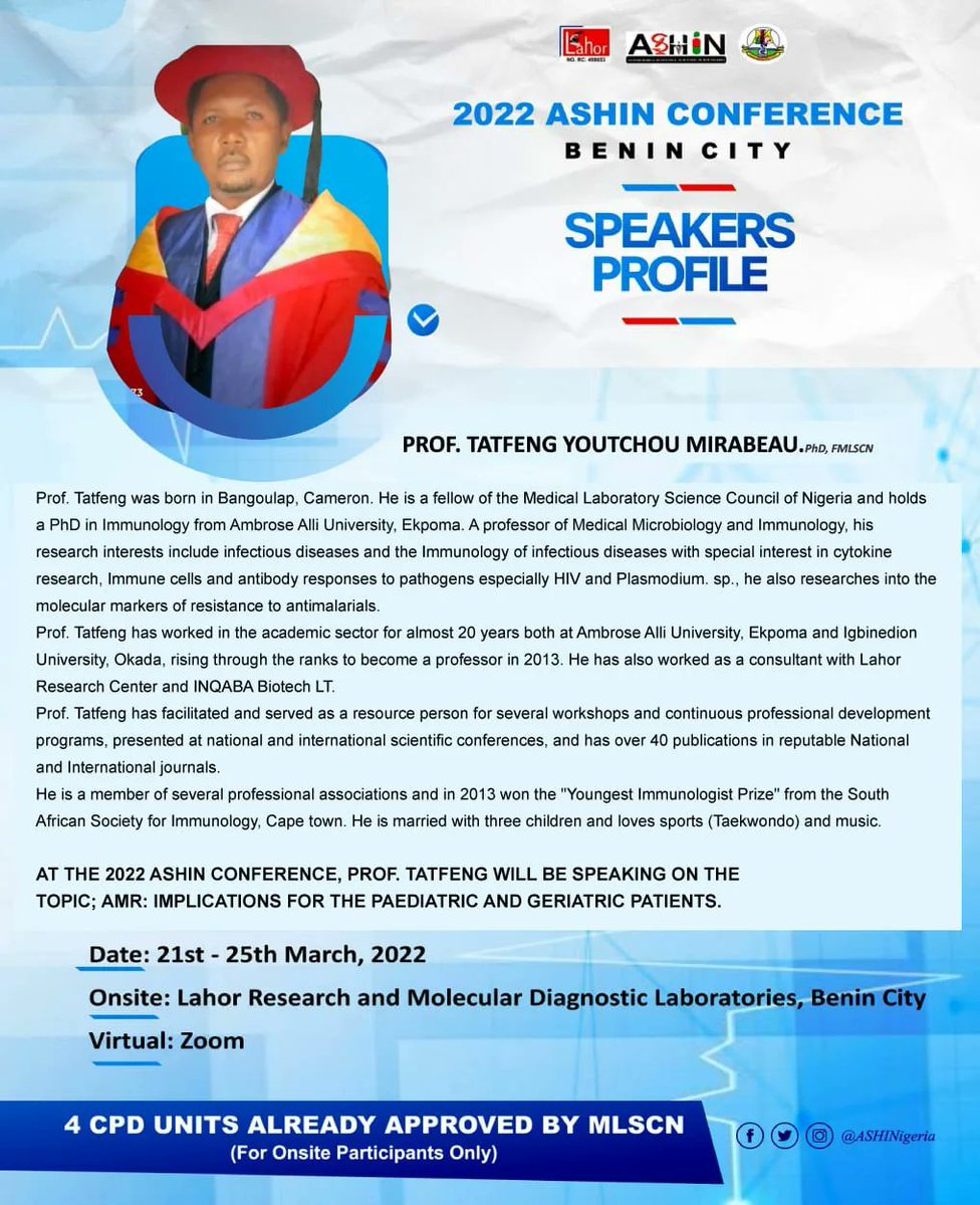 ASHI_Nigeria's tweet photo. Prof. Tatfeng Youtchou Mirabeau will be doing justice to the topic above, this is one to not be missed because a little birdie says he once won the 'Youngest Immunologist Prize' from the South African Society for Immunology. https://t.co/oltDuBhGol