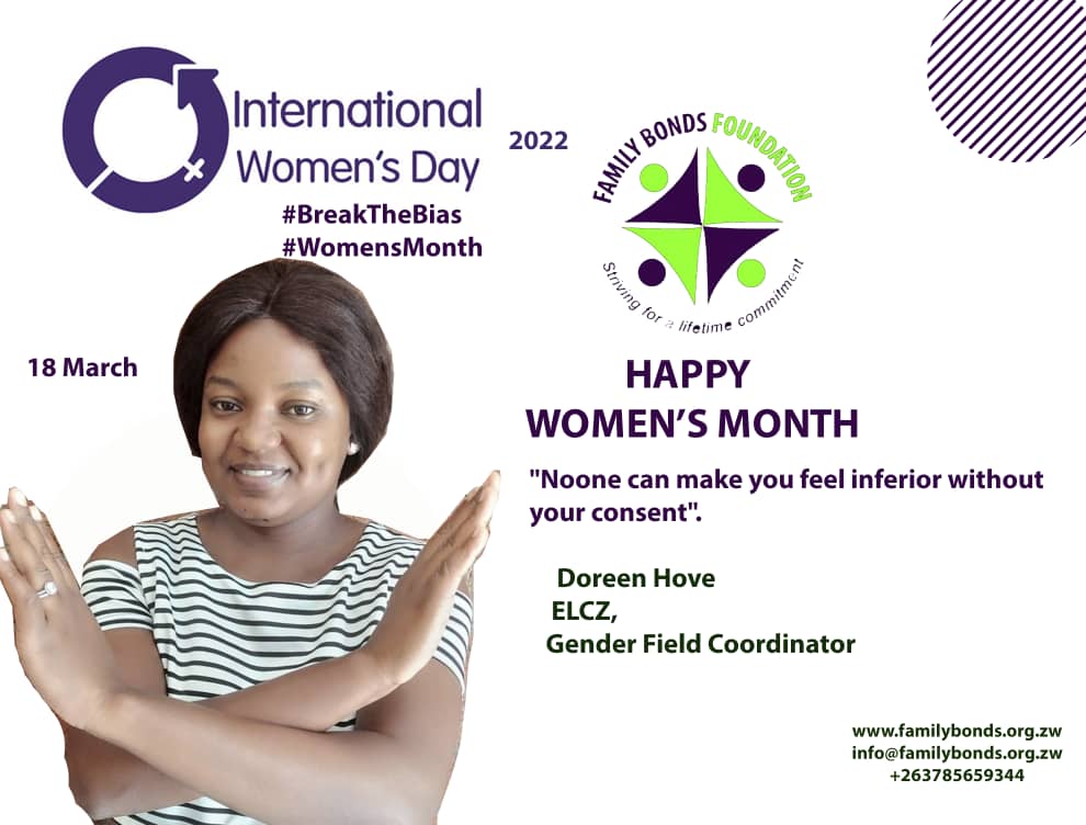 Yes <a href="/doreenhove/">Doreen Hove t</a>. No one can take away your self-respect.... Absolutely no one!! #BreakTheBias
#IWD2022 #IWD #WomensMonth2022
<a href="/elczgender/">ELCZ Gender Justice</a>
<a href="/GenderZimbabwe/">Zimbabwe Gender Commission</a> <a href="/SelfWorthAcad/">Self-Worth Academy</a> <a href="/MentalWealthSA/">Mental Wealth</a> <a href="/IreneKalulu/">Mental Me!</a> <a href="/signsofhopezim/">#AccessToInformation</a> <a href="/DisabilityZim/">Disability Resources Trust</a> <a href="/disabled_women/">Disabled Women Support Organisation</a>