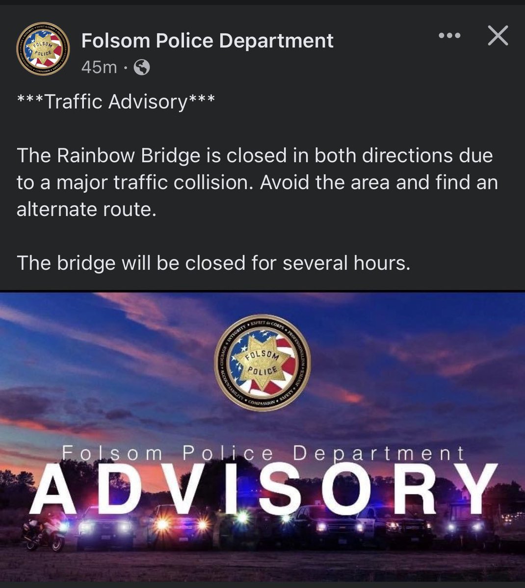 🚨TRAFFIC ADVISORY: Rainbow bridge closed for several hours.