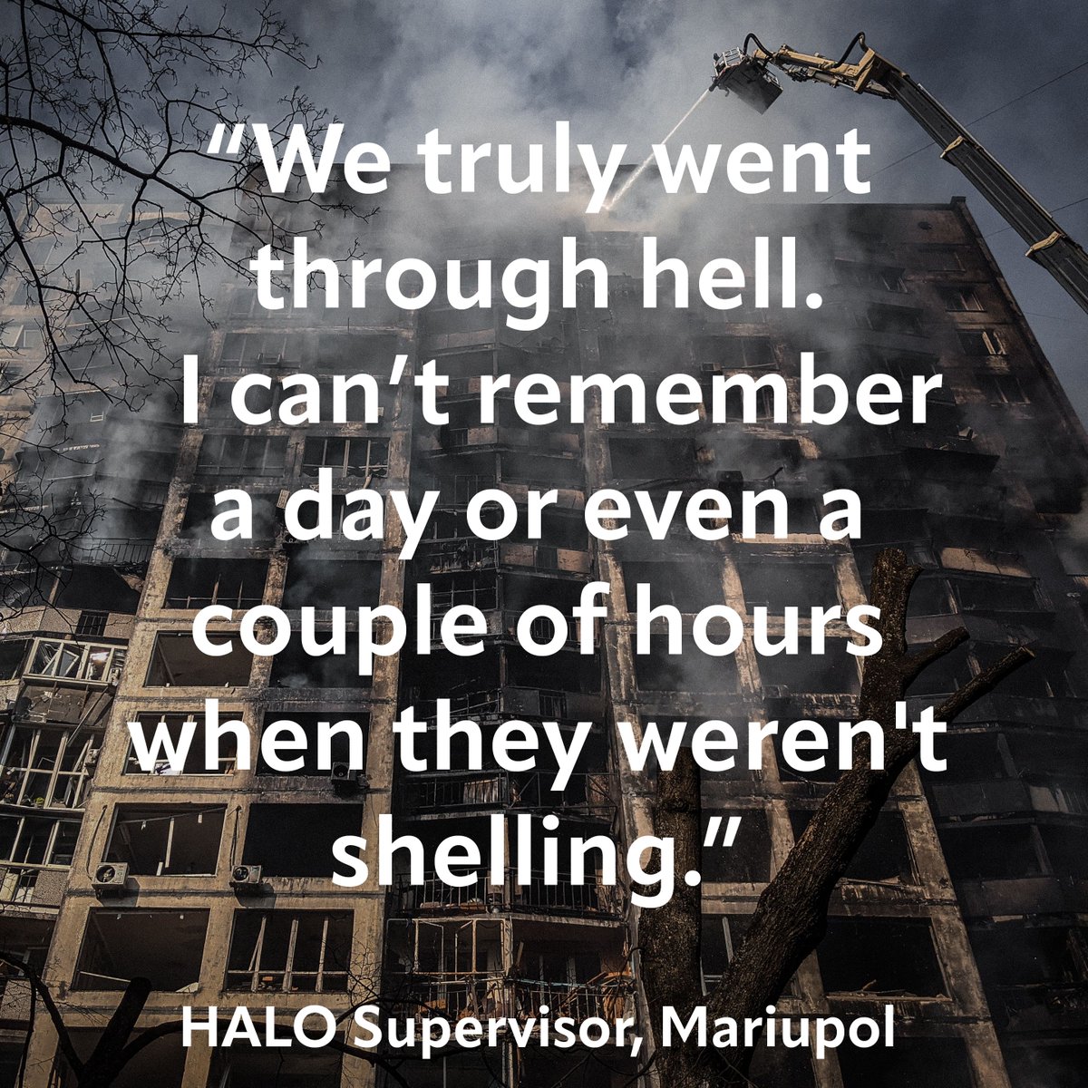 TheHALOTrust's tweet image. We have heard from one of our colleagues who has been able to leave Mariupol safely. He told us what life in the city has been like.

“I can’t find the words to describe the horror, the atmosphere, the darkness that reigned over the city of Mariupol. It is totally ruined.”